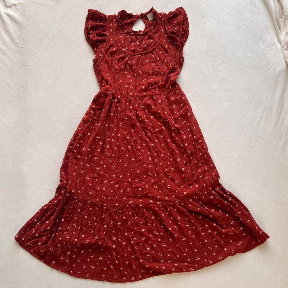 Red/burnt sienna chest little prairie dress ruffle coquette western maxi boho